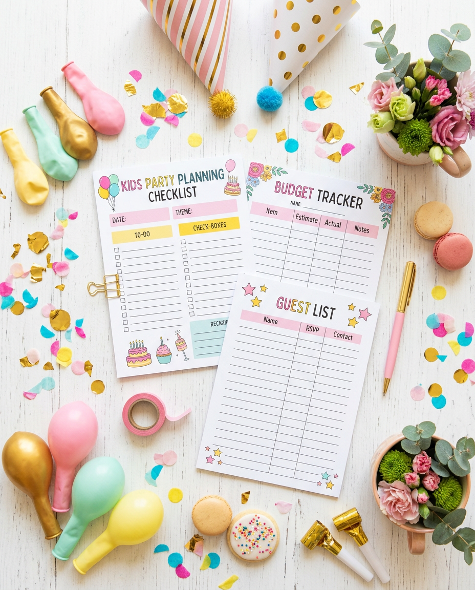Free birthday party planning starter pack with theme ideas, budget checklist and guest list template